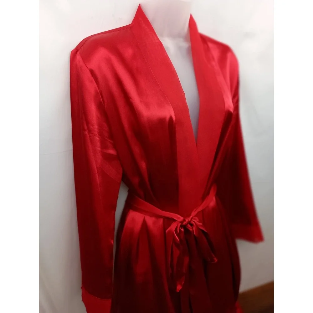 vintage S Red satin belted luxury lace‎ robe valentines date night loungewear